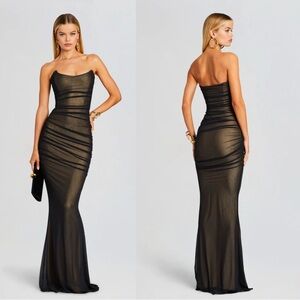 Retrofête Ford Strapless Ruched Maxi Dress Black Nude Mesh XXS